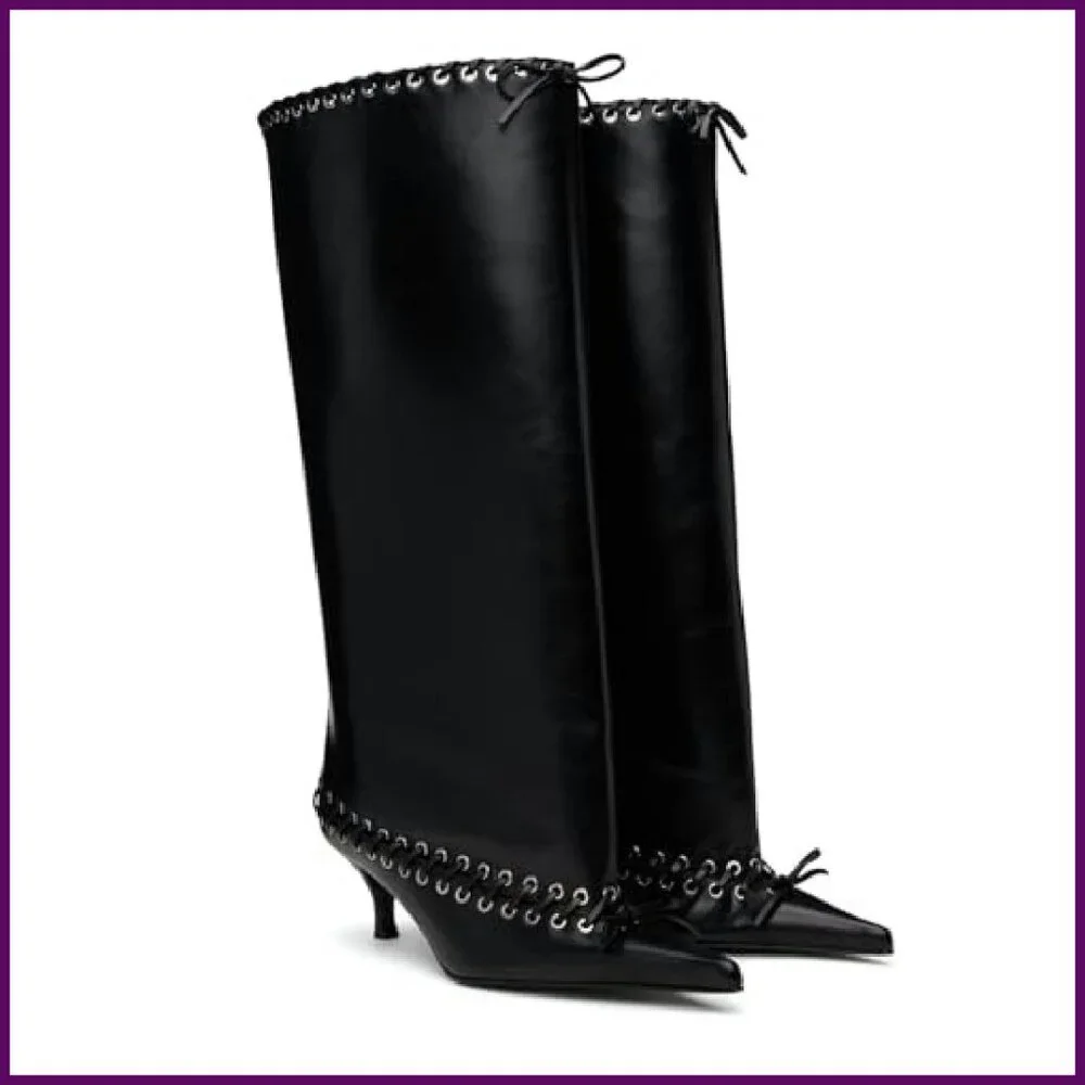 Metal Eyelet Pointed Toe Knee High Boots Wide Calf Kitten Heel Lace Up - Picture 7 of 8